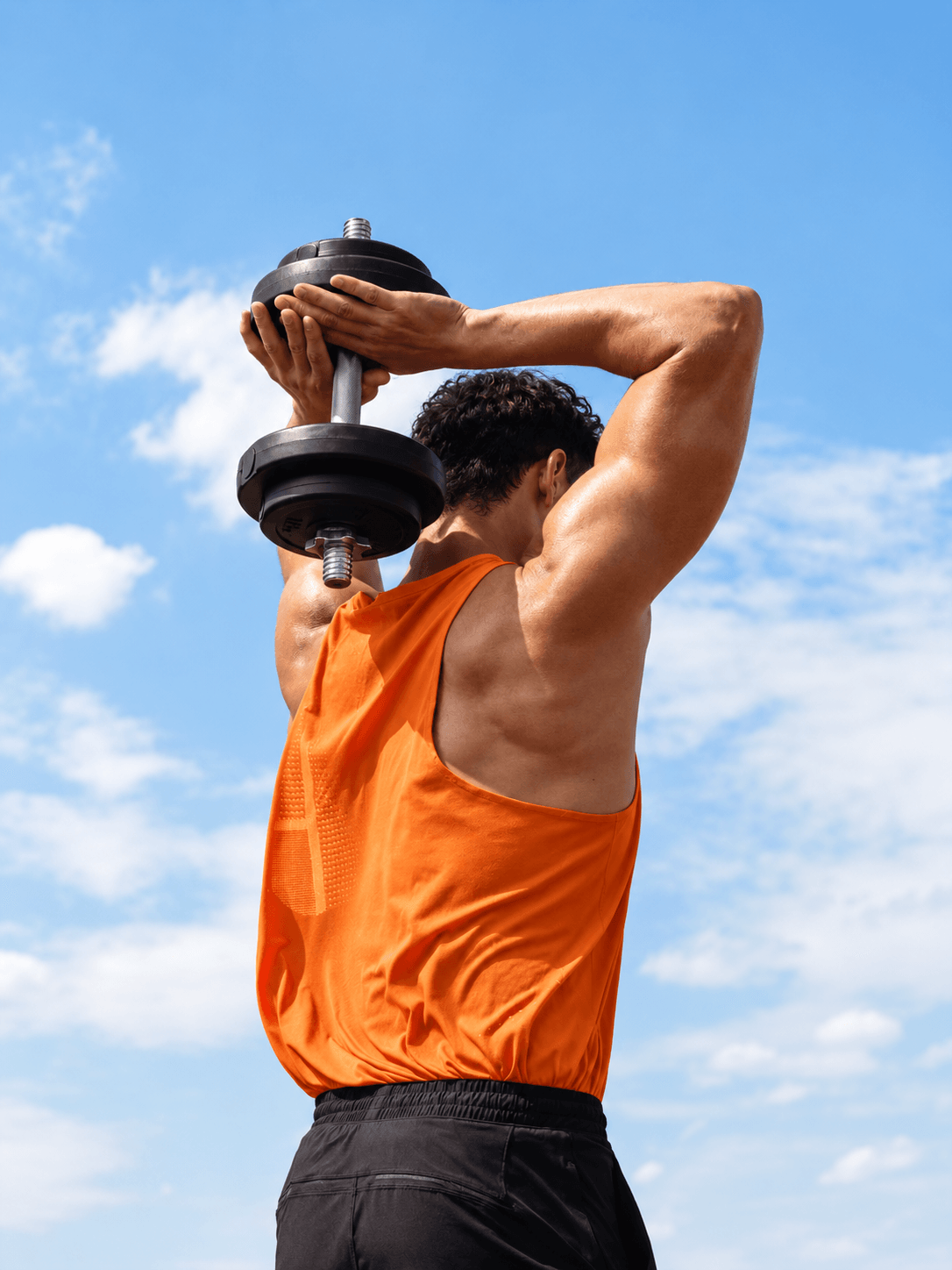 Overhead dumbbell press against open sky