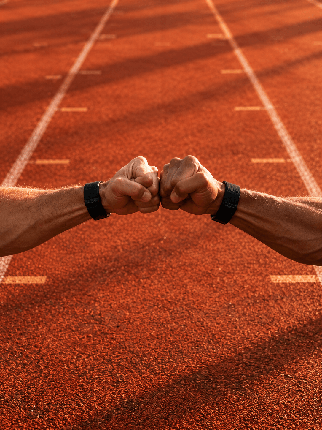 Two clients bumping fists over a running track