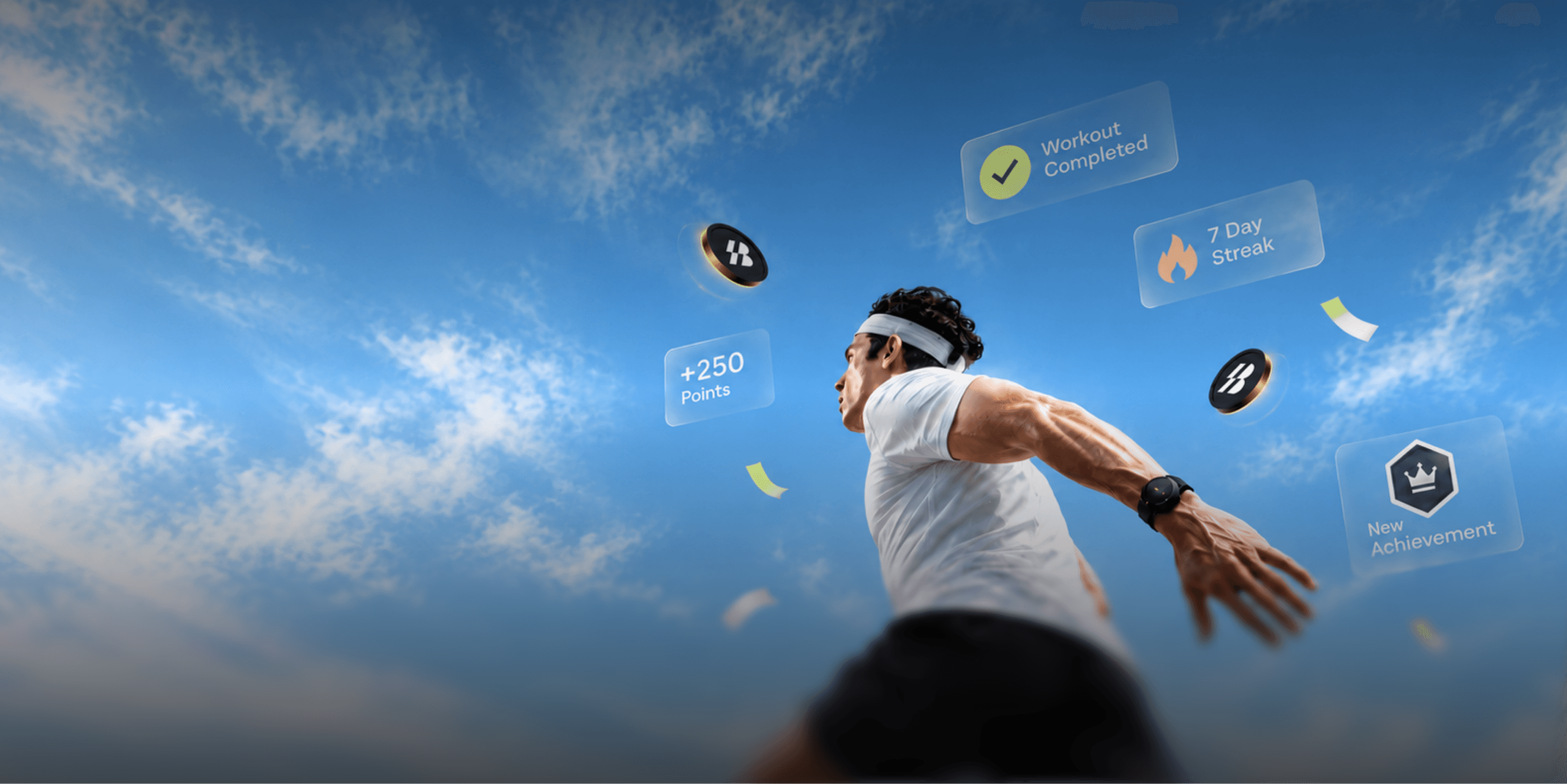 Athlete mid-throw against an open blue sky, with app cards reading Workout Completed, 7 Day Streak, +250 Points and New Achievement floating around them