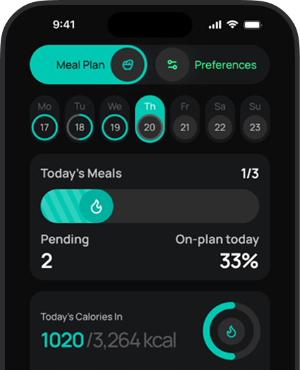 BELVL app Meal Plan tab showing the day's meals and calories